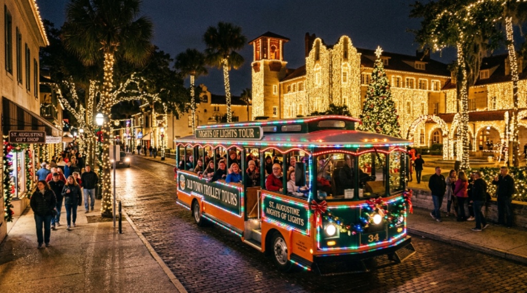 Trolley tour passing through lit-up streets in St. Augustine during the holiday season