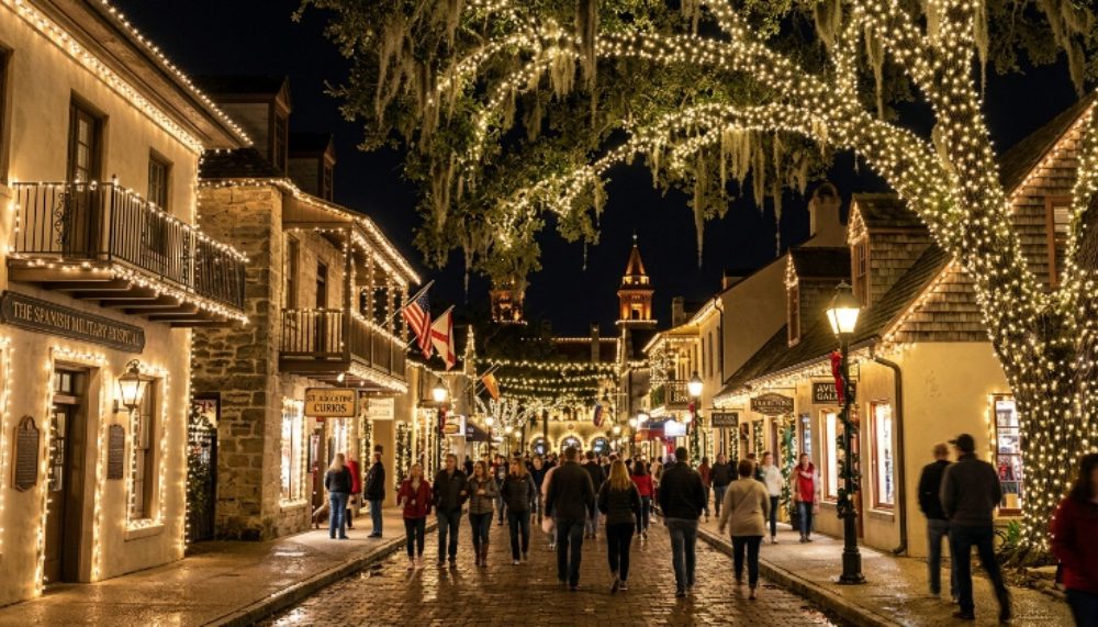 Historic downtown St. Augustine street covered in white holiday lights at night
