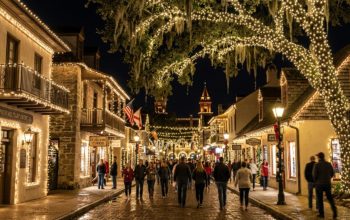 Historic downtown St. Augustine street covered in white holiday lights at night