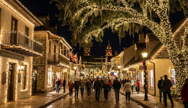 Historic downtown St. Augustine street covered in white holiday lights at night