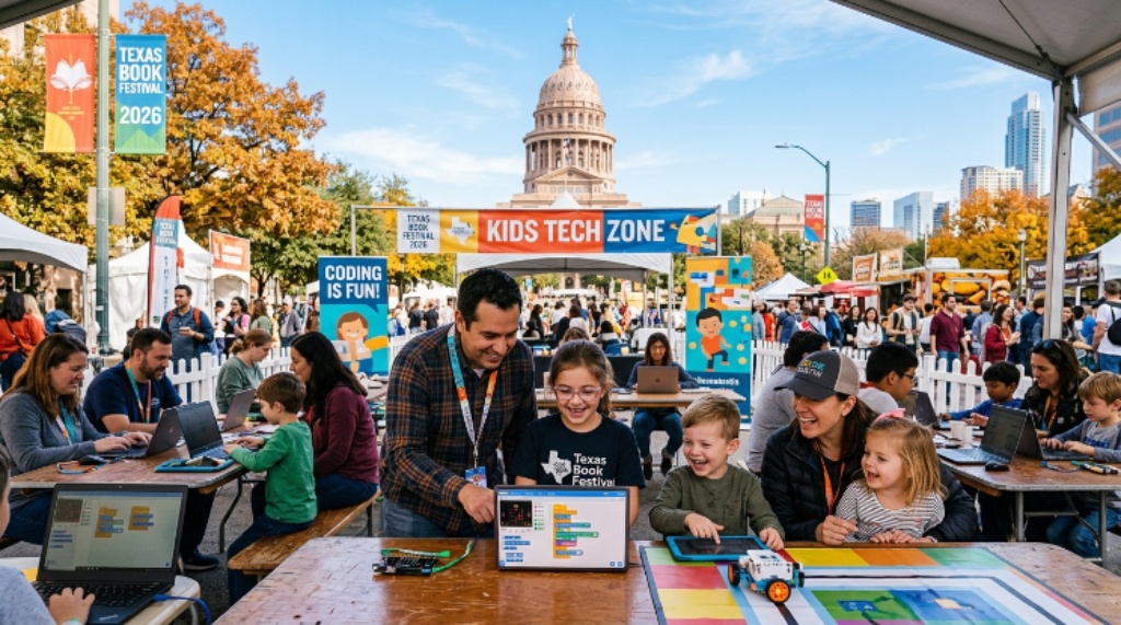 Families enjoying programming at the 2026 Texas Book Festival in downtown Austin on a sunny November day