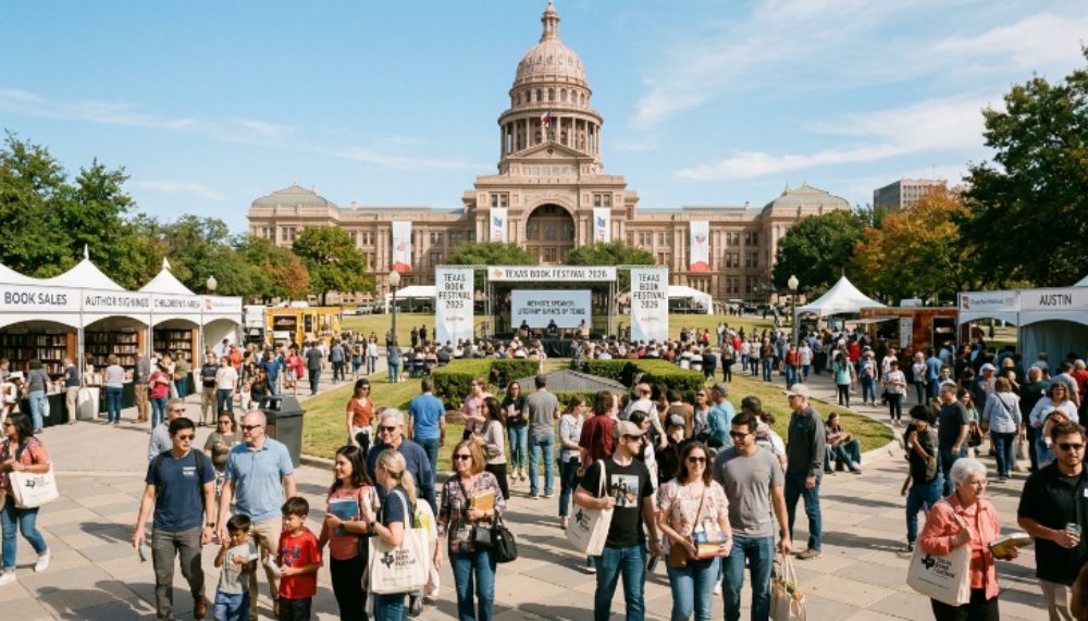 Crowds of book lovers gathering at the Texas State Capitol during the Texas Book Festival 2026 in Austin