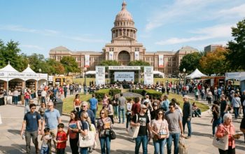 Crowds of book lovers gathering at the Texas State Capitol during the Texas Book Festival 2026 in Austin