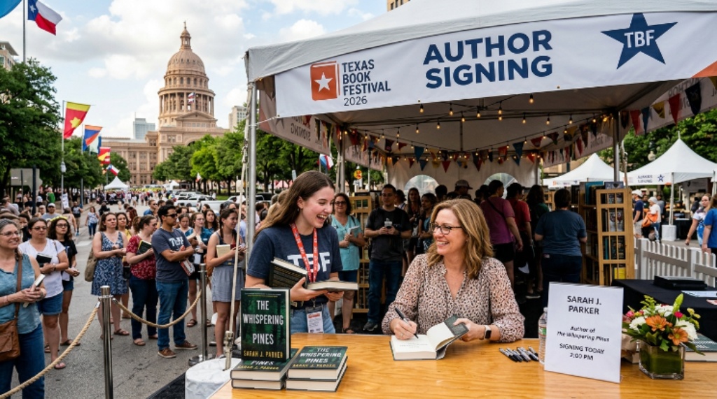 Author signing books at the Texas Book Festival 2026 outdoor tent along Congress Avenue Austin